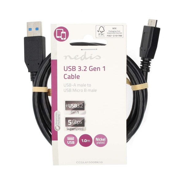 USB kaapeli | USB 3.2 Gen 1 | USB-A Uros | USB Micro-B Uros | 5 Gbps | Niklattu | 1.00 m | Pyöreä | PVC | Sininen | Label