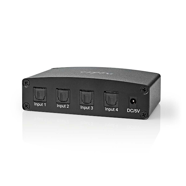 Digital Audio Switch | 4-vejs | Tilslutninger indgang: DC strøm / 4x TosLink | Tilslutninger udgang: TosLink Hun | Fjernbetjening / Manual / Trykknap