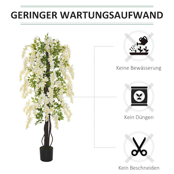 Keinotekoinen kasvi valkoisella wisterialla Koristekeinokasvit ruukussa, 1,65m, muovisementti, valkoinen + vihreä