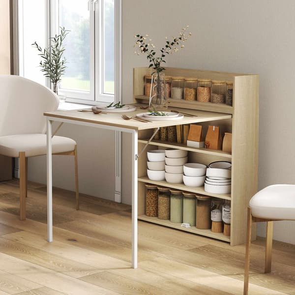 Sammenklappeligt spisebord med hylde, industrielt design, egetræ, pladsbesparende