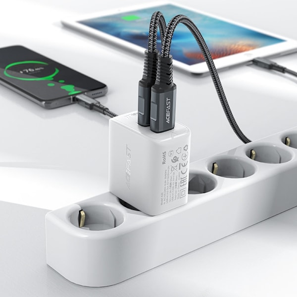 GaN netværksoplader 2x USB 18W QC 3.0 AFC FCP hvid