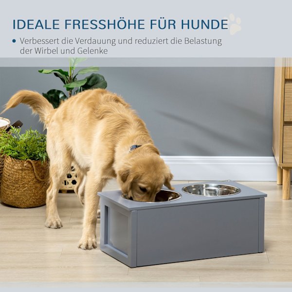 Hundeskålskuffe Rustfrit Stål Dobbeltskål Medium Hundegrå Foderstation