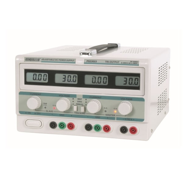 Kaksitasainen laboratoriovirtalähde 2X 0-30 Vdc / 0-3 A + 5 Vdc kiinteä / 3 A Max 4 LCD-näytöllä