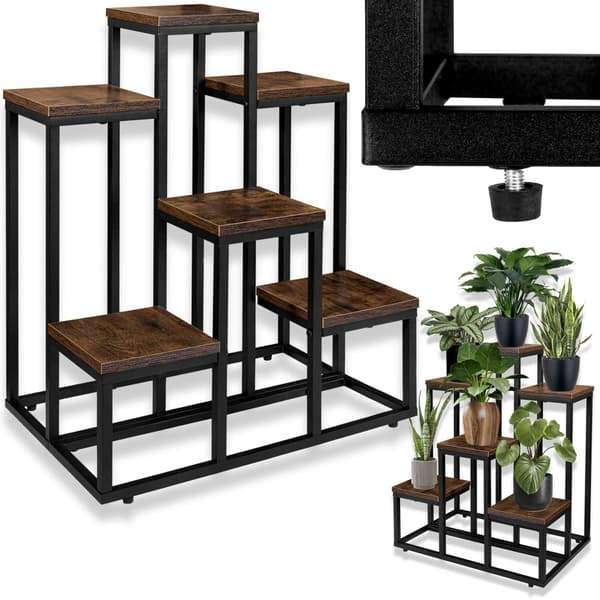 Loft plantestativ, stålramme, rustikke egetræshylder