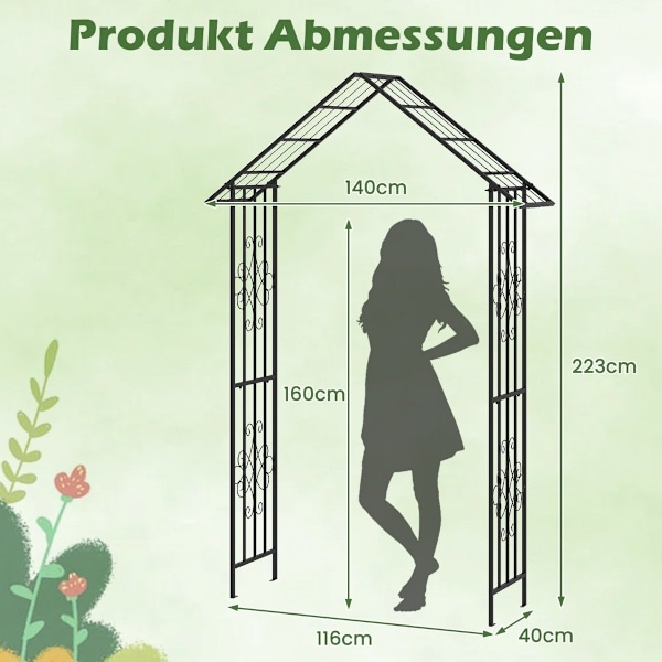 Rosebåge metall trädgårdsbåge för klätterväxter spaljébåge för bakgårdsbröllopsfest 140 x 40 x 223 cm svart