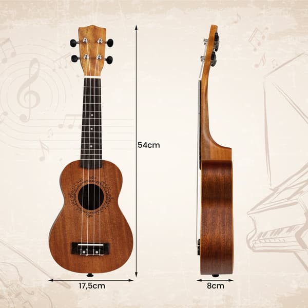 21-tommer mahogni ukulele sæt med taske og tilbehør