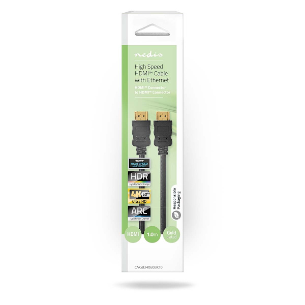 High Speed ​​HDMI ™ kabel med Ethernet | HDMI™ Stik | HDMI™ Stik | 4K@60Hz | ARC | 18 Gbps | 1.00 m | Runde | PVC | Sort | Box
