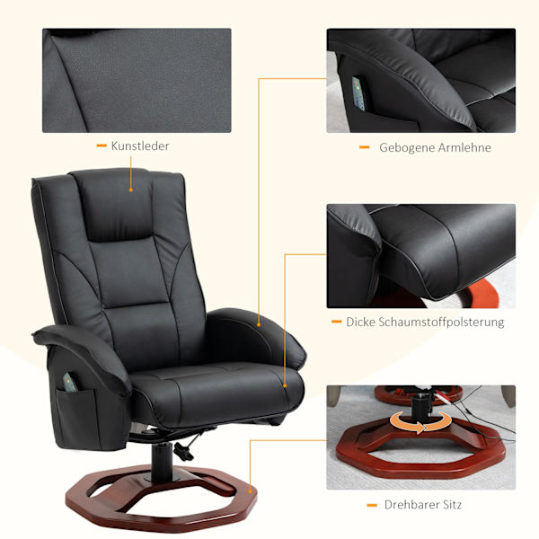 Massagestol, hvilestol med fodskammel, afslapningsstol, hvilefunktion, tv-stol, lænestol, 360° drejelig, imiteret læder, 73 x 83 x 106 cm