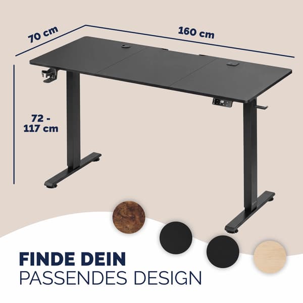 Højdejusterbart skrivebord med trådløs oplader, sort 160x75cm