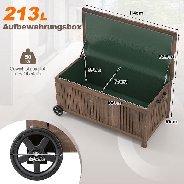 Trädgårdslåda 213 L Förvaringslåda med hjul Kuddlåda med vattentät PE-foder 114 x 58,5 x 51 cm Brun
