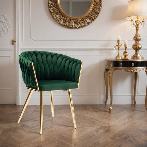Matstol i sammet, guldfärgade ben, mörkgrön, flätad design
