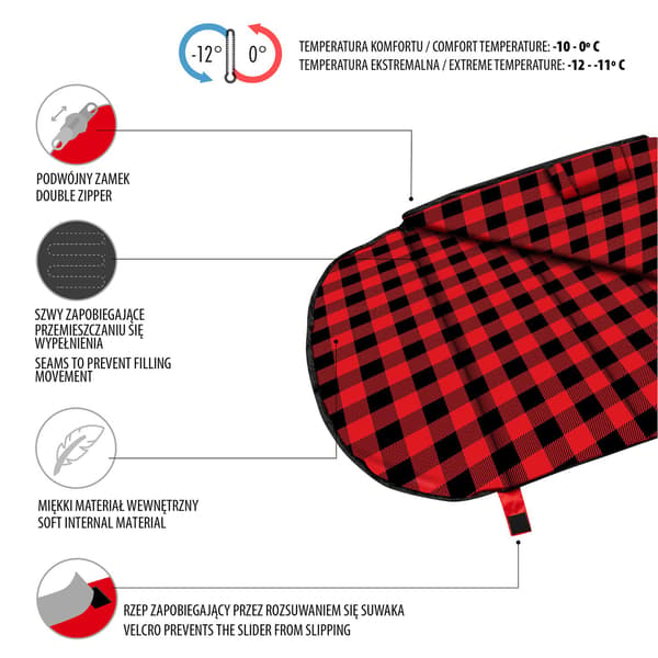 Musta-punainen makuupussi, kompakti, kevyt