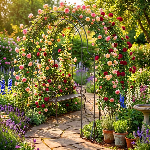 Rose Trellis trädgårdsbåge, svart metall, design med 3 bågar