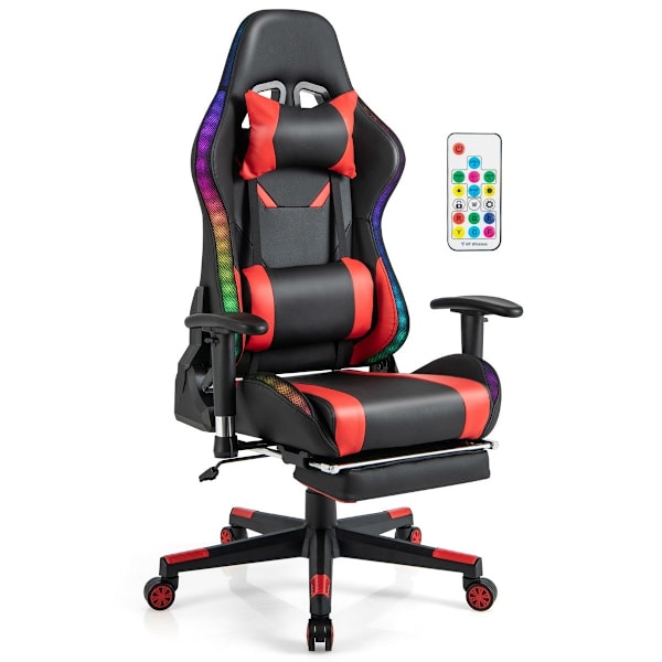 Gaming stol med RGB LED-lys & udtrækkelig fodstøtte Ergonomisk kontorstol Rød