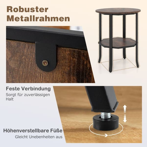 Runt sidobord med 2 våningar och hyllplan, rustikt brunt