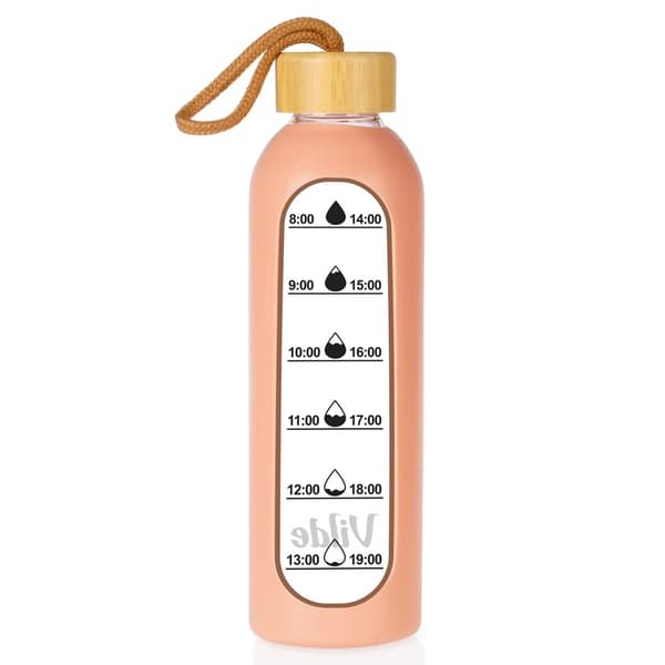 Glasvattenflaska med bambulock, silikonhylsa, 600 ml