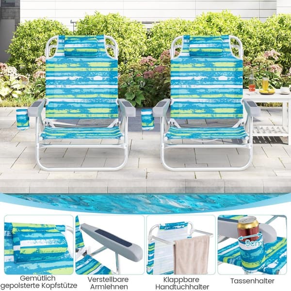Hopfällbara strandstolar, justerbart ryggstöd, 2-pack, grön