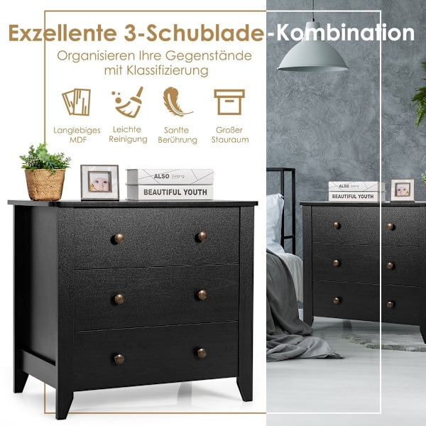 Sengebord med 3 skuffer sidebord med trægreb 71 x 46 x 66 cm sort