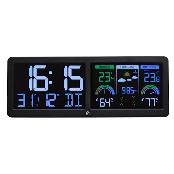 Bakgrundsbelyst trådlös väderstation med utomhussensor, termometer, barometer, klocka