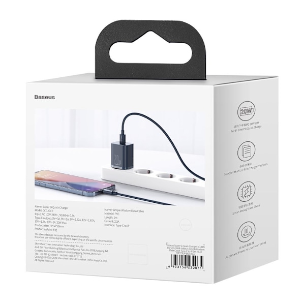 Super Si 1C snabb USB-C 20W PD laddare + kabel för iPhone Lightning 1m blå