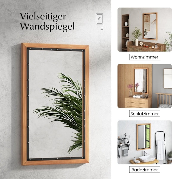 Maalaismainen puinen peili suorakaiteen muotoisella kehyksellä koristeellinen riippupeili 55 x 90 cm luonnollinen