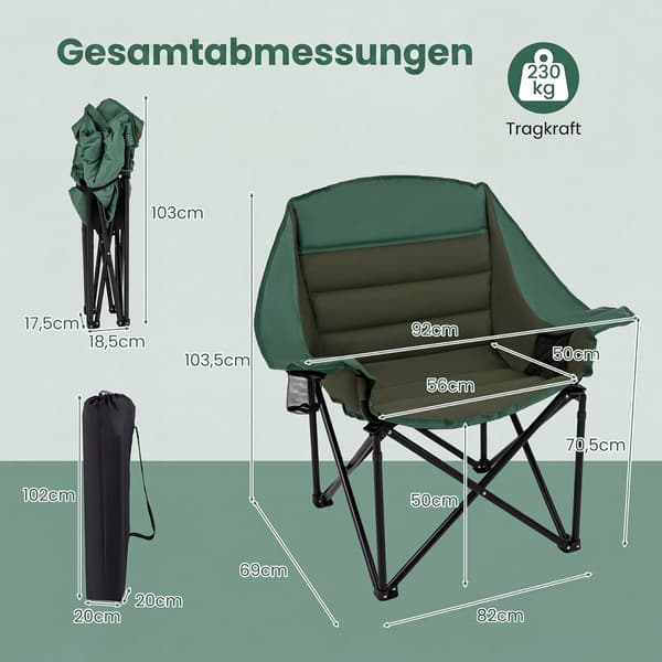 Overdimensioneret grøn campingstol, foldbar med hynde og kopholder
