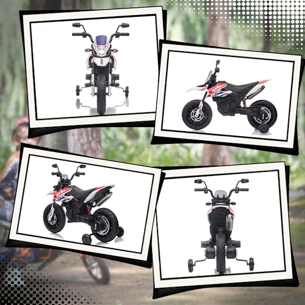 Elmotorcykel för barn, 12V barnmotorcykel med musik, 6 km/h barnfordon med avtagbara träningshjul, 12 tums plastdäck, för 3-8 år barn, max 30 kg, vit