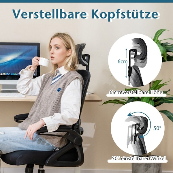 Ergonomisk kontorstol med justerbar lændestøtte &amp; Nakkestøtte computerstol sort