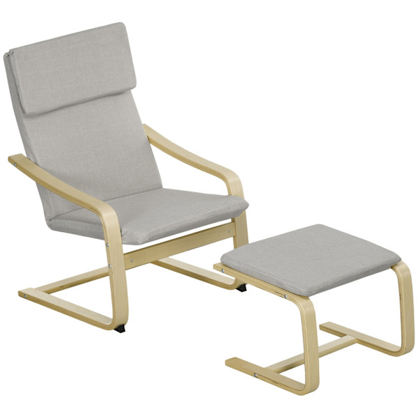 Set med 2 fåtöljer med pall, med armstöd, nackstöd, linneöverdrag, fotdyna, polyester, eukalyptus, 66,5 x 80 x 99 cm, ljusgrå