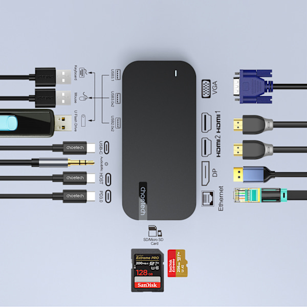 HUB Adapter M52 USB-C USB-A HDMI VGA DP SD TF RJ45 Aux PD Grå