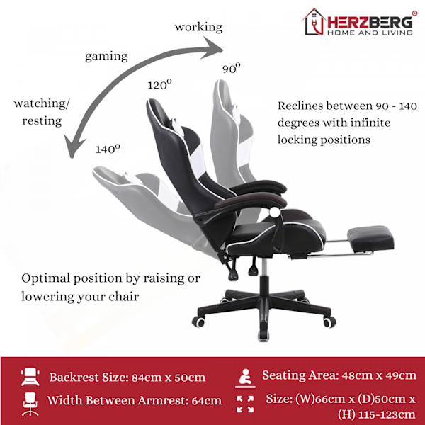Herzberg HG-8083: Trefarvet spille- og kontorstol med lineær blå accent