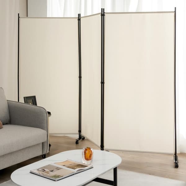 Rumdeler med hjul, 3 paneler, foldbar, beige, 180 cm
