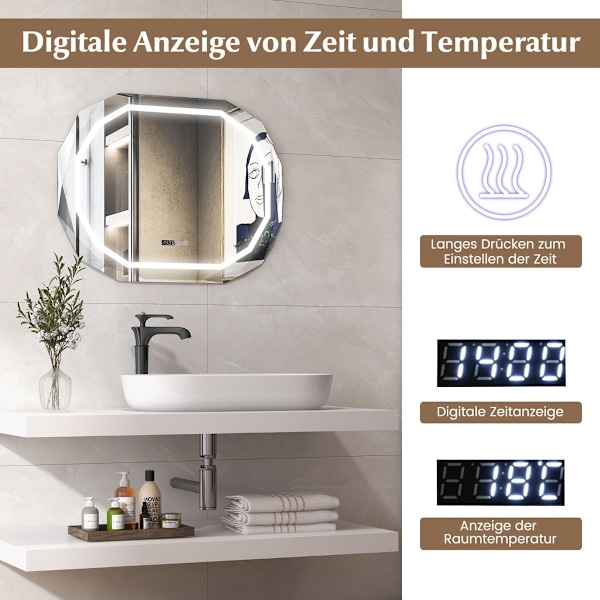 Anti-dim badrumsspegel med 3-färgs LED-ljus & minnesfunktion & tid & temperaturavläsning