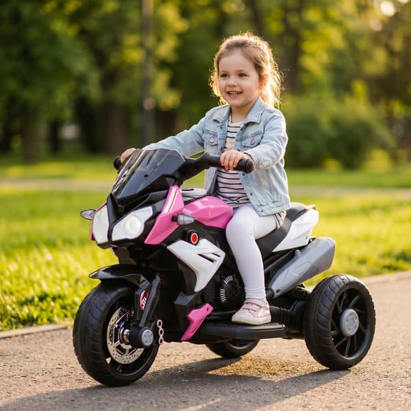Elmotorcykel för barn, ljus och ljud, 3 km/h, rosa/vit