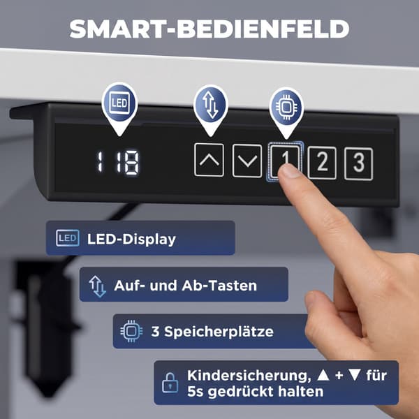 Ställbart ståbord med minne, LED-display, vit