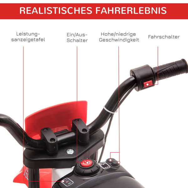 Elmotorcykel för barn, röd/vit, 45 minuters körtid