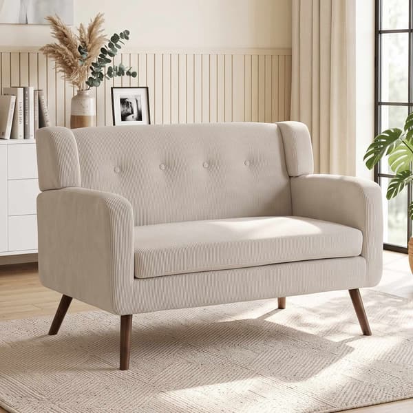 2-sits soffa i sladd, knappklädd, träben, beige