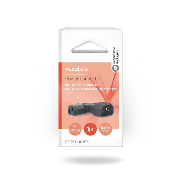 Udvidelse Plug | IEC-320-C13 | IEC-320-C14 | Venstrevinklet | Nikkelplateret | PVC | Sort | Box | 1 stk.