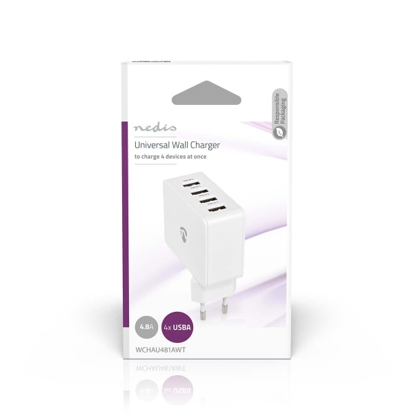 Väggladdare | 24 W | Snabbladdnings funktion | 4x 2.4 A | Antal utgångar: 4 | 4x USB-A | Utan kabel | Single Voltage Output