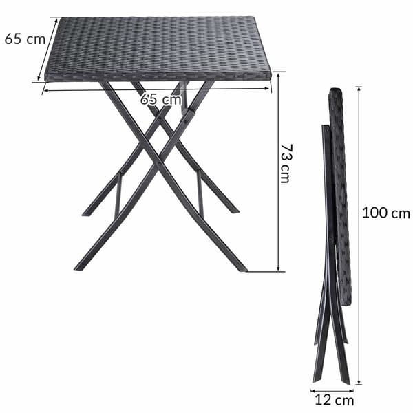 Fällbart rottingbord, svart, 63x73cm, utomhus-/inomhusbruk
