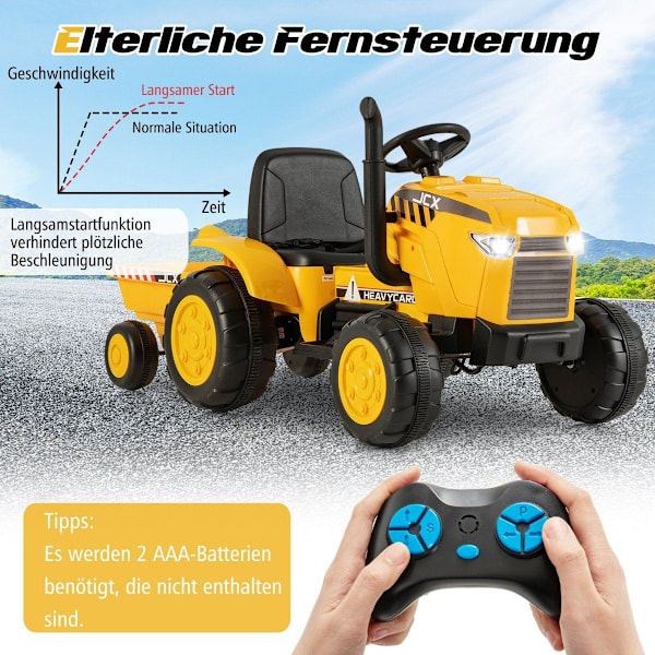 2 in 1 lasten sähkötraktori perävaunulla & amp; Kaukosäädin Electric Toy Car - Keltainen