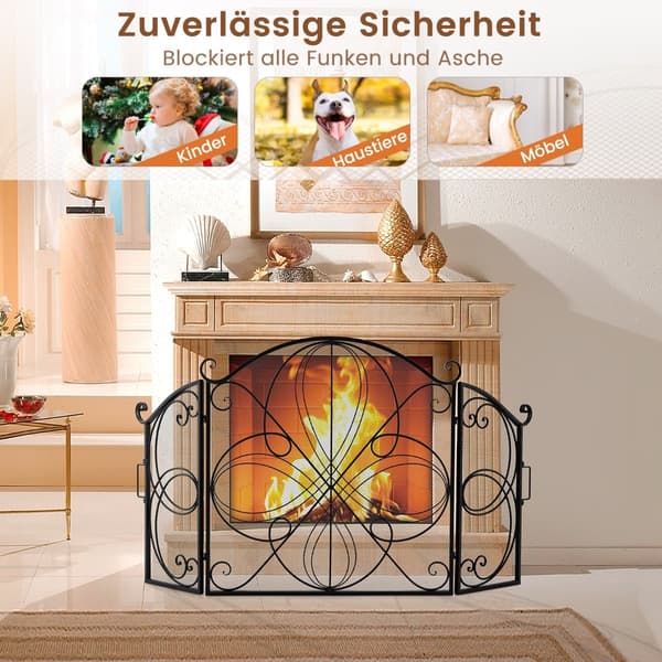 Hopfällbar eldstadsskärm med 3 paneler, blommigt metallnät, 151x83 cm