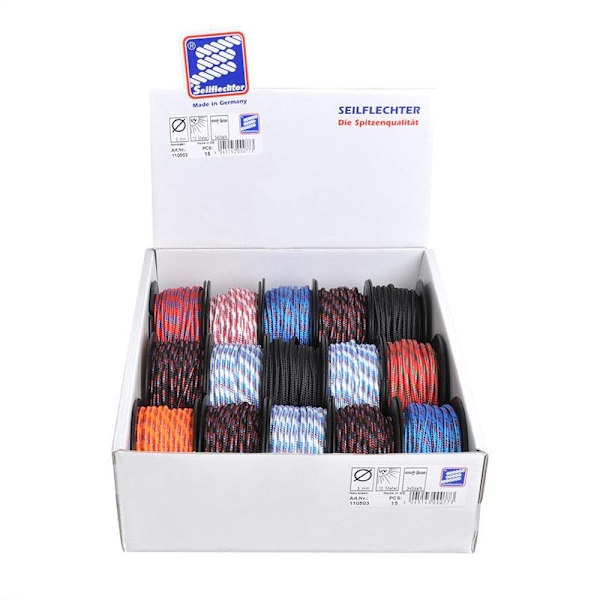 Minicord polyester. 3 mm. 10m flätad. blandad. 380 daN