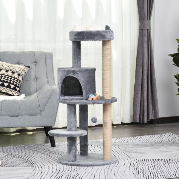 Cat Tree 4-Tasoinen Kissaluola Leikkipalloilla, Ahven, Sisalpylväs, Raaputuslauta, Pehmo, Harmaa, 48X48X104Cm