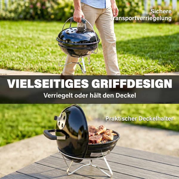 Bärbar kolgrill med lock och ventil, 41 cm