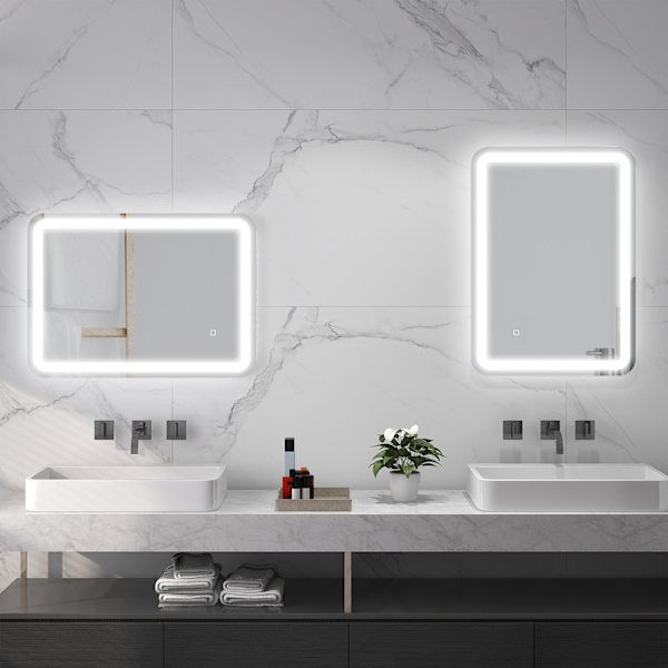 Kylpyhuonepeili LED, 50 x 70 cm, IP44, 3 valoväriä, kosketuskytkin, automaattinen huurtumisenesto, muistitoiminto, karkaistu lasi, hopea