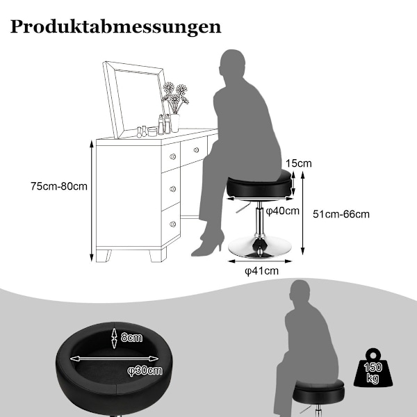 Makeup taburet med opbevaringsplads 360° roterende skammel lavet af sort imiteret læder