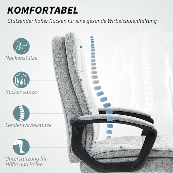 Kontorstol Ergonomisk skrivebordsstol med armlæn, højdejusterbar drejestol med vippefunktion, linnedlook, polstret computerstol, grå