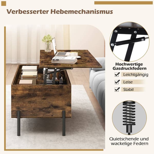 Ställbart soffbord med lyftbar topp, förvaring, brunt