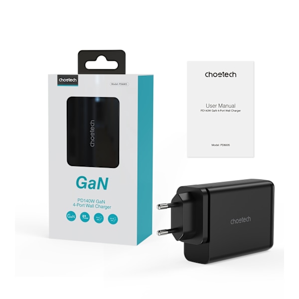 GaN 140W strömförsörjningsladdare 4 portar 2x USB-C + 2x USB - svart